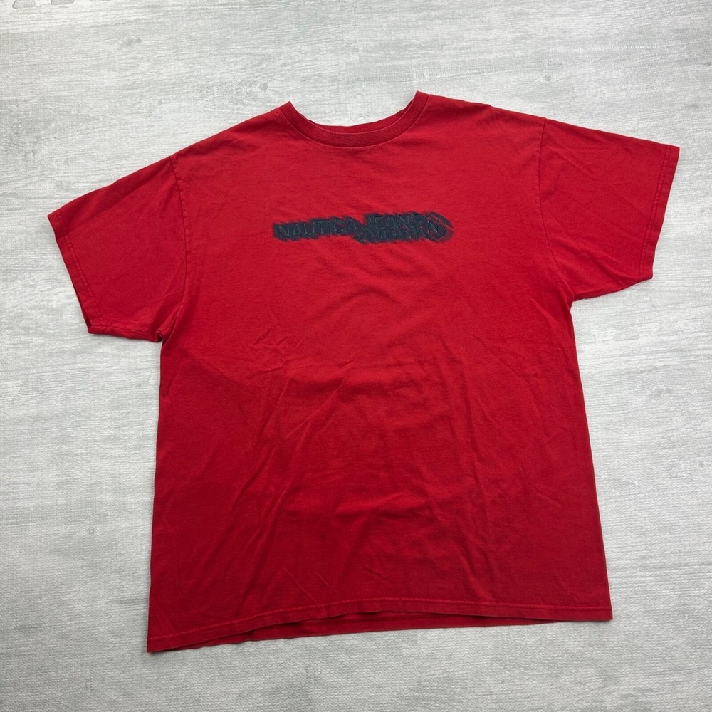 Vintage 90s Nautica Jeans Company Shirt Size XL Red Skater Spell Out Logo Casual